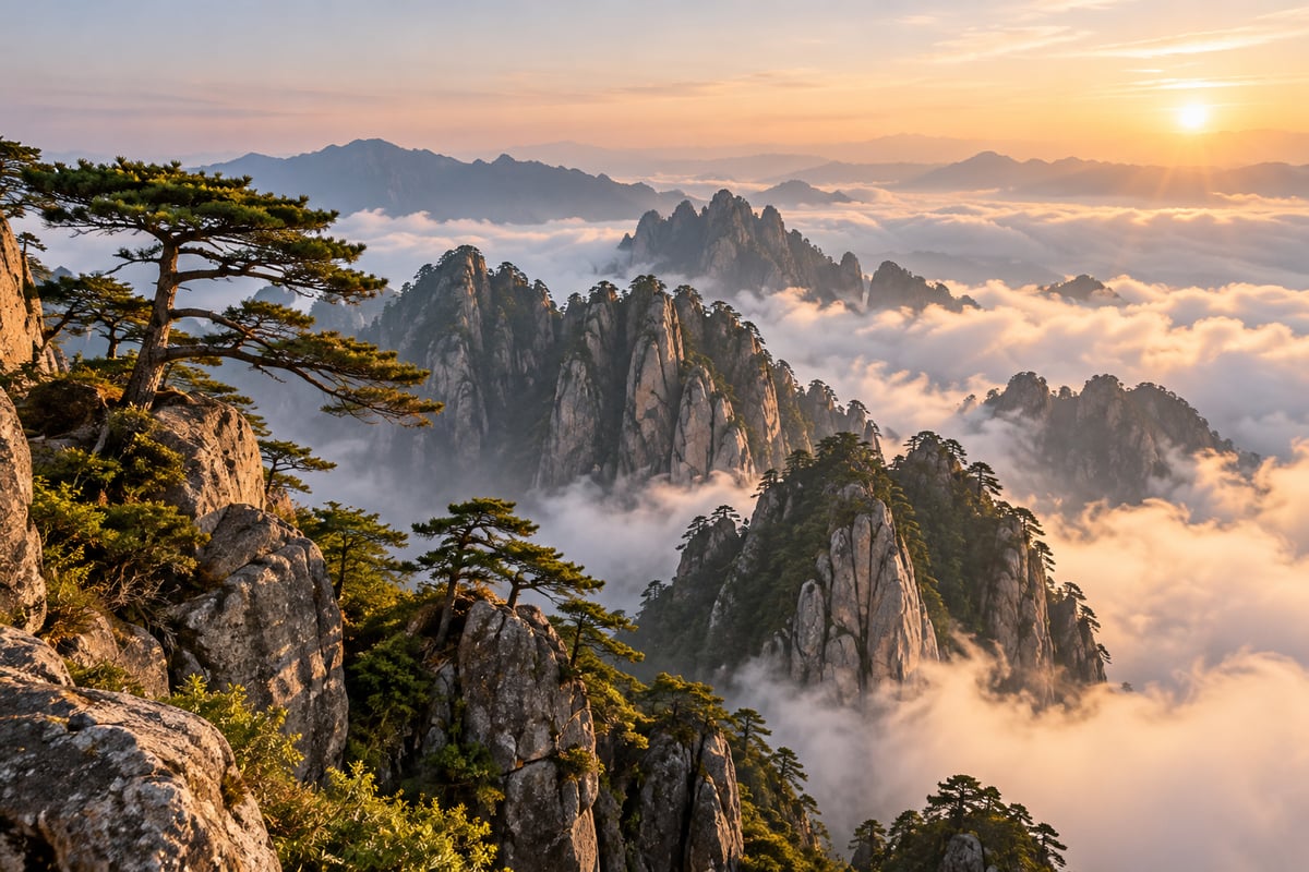 目的地黄山 · 生成主题配图 目的地黄山:云海中的山峰与松树(主题配图)